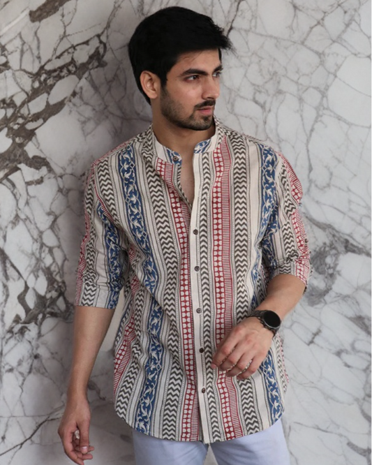 IVORY BLOCK-PRINTED MEN'S SHIRT